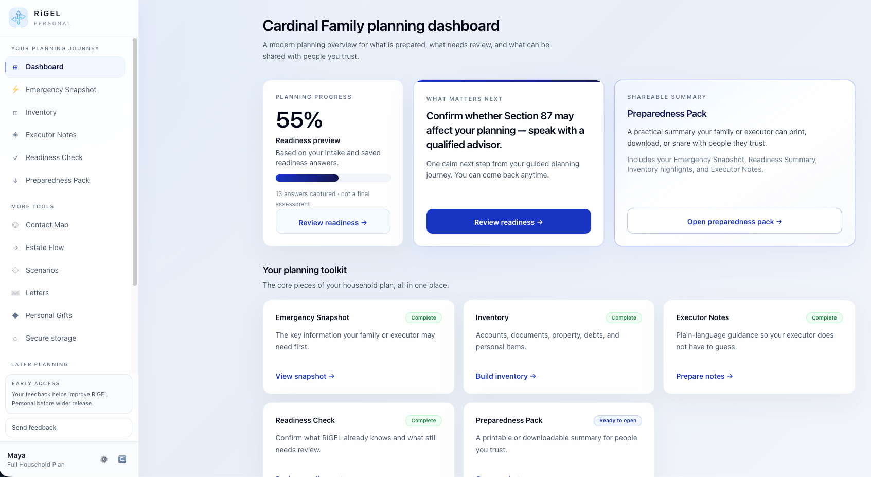 RiGEL Personal demonstration dashboard for the Cardinal Family household, showing planning progress, readiness next steps, and the Preparedness Pack.