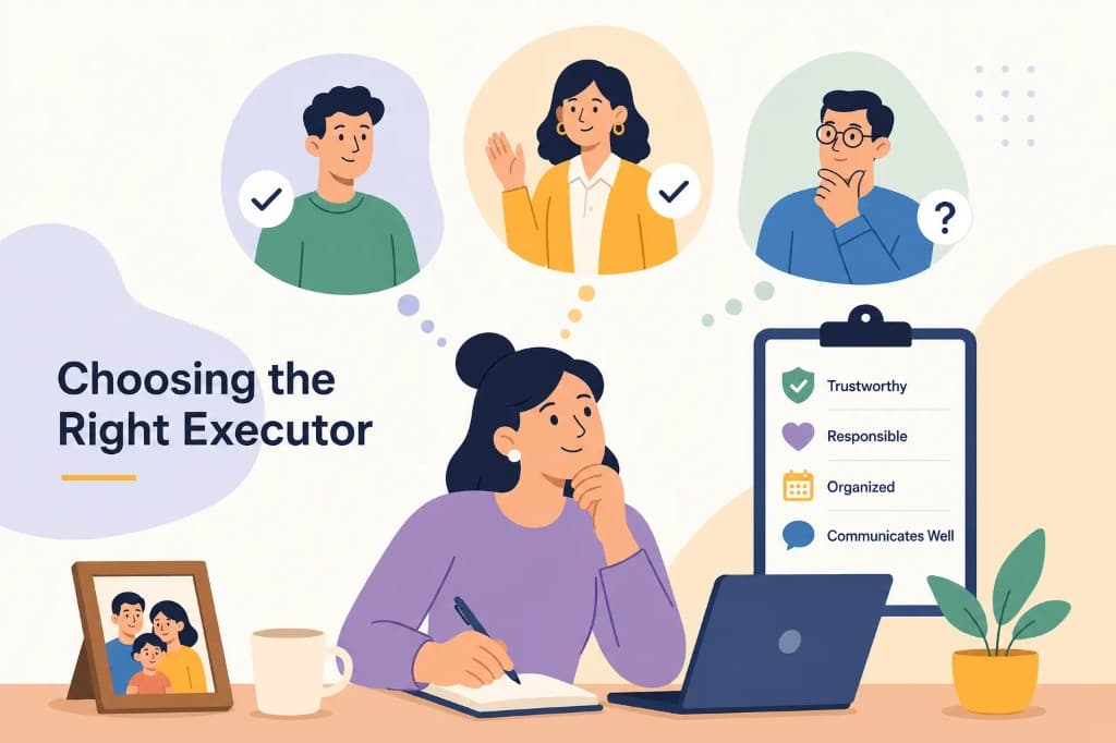 Illustration of a woman considering possible executors, with a checklist of qualities: trustworthy, responsible, organized, and communicates well.