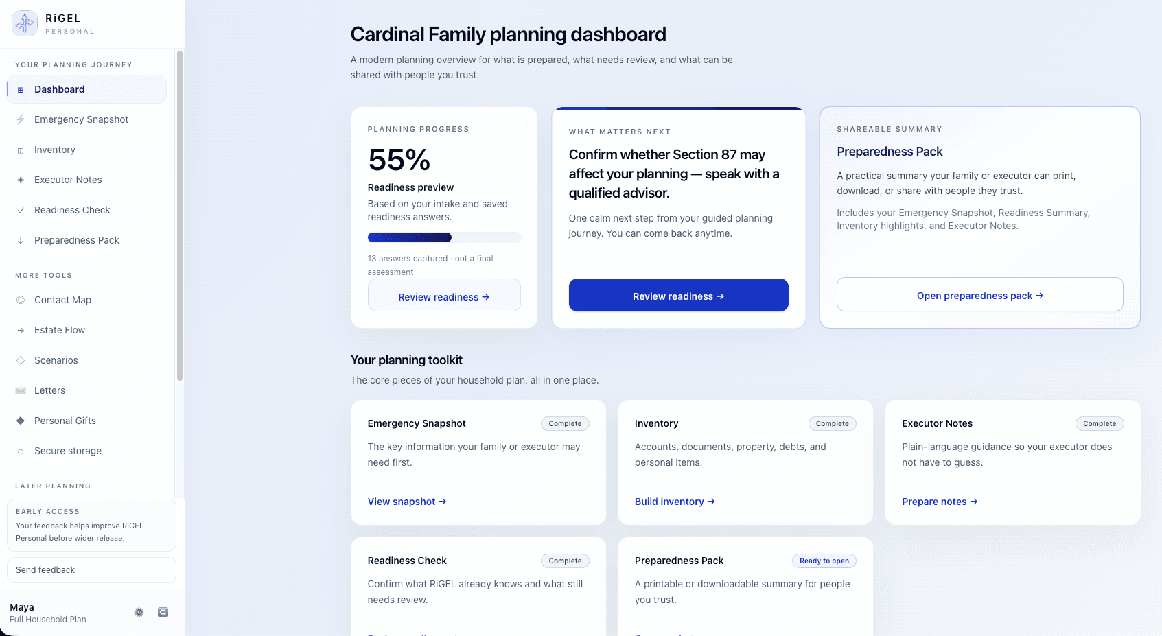 RiGEL Personal dashboard showing household estate clarity