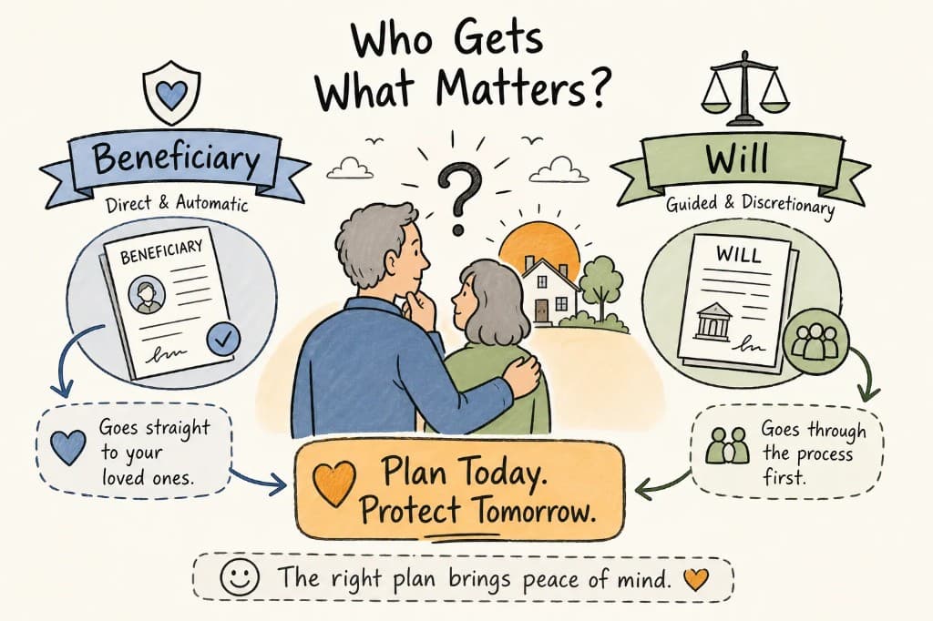 Infographic titled Who Gets What Matters? comparing beneficiary designations that go straight to loved ones with a will that goes through a legal process first.