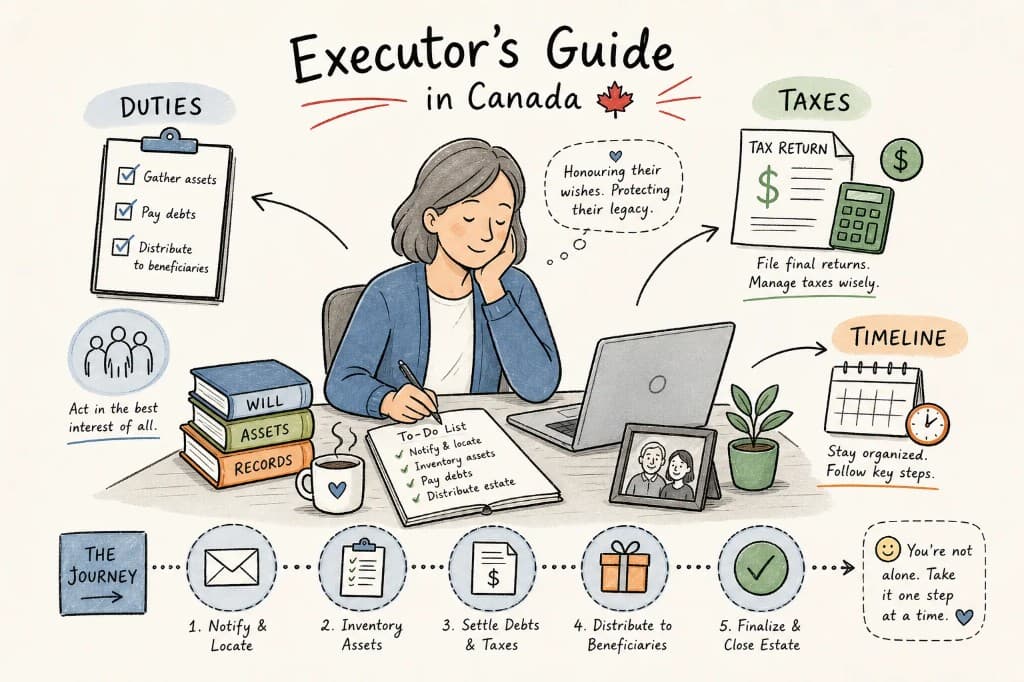 Infographic titled Executor's Guide in Canada, covering duties, taxes, timeline, and a five-step journey from notify and locate through closing the estate.