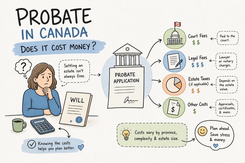 Infographic titled Probate in Canada: Does it cost money? showing court fees, legal fees, estate taxes, and other costs that vary by province, complexity, and estate size.