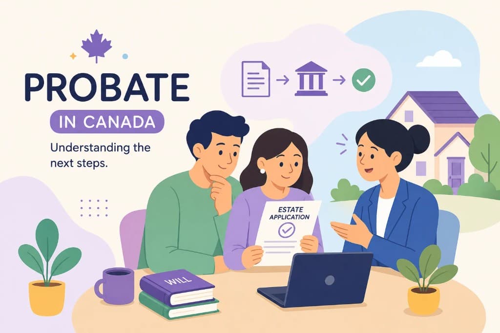 Illustration of an advisor explaining the Canadian probate process to a couple, with an estate application, a will, and a maple leaf.